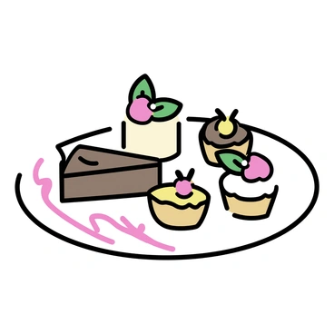 A dessert plate, featuring an assortment of sweet treats including a rich chocolate tart, a creamy vanilla panna cotta, and delicate fruit tarts. The desserts are artfully arranged on a round white plate. There are vibrant garnishes, such as fresh mint leaves and edible flowers, adding color and contrast to the presentation. A drizzle of raspberry sauce is elegantly placed around the edge of the plate, enhancing the visual appeal of the decadent display.
