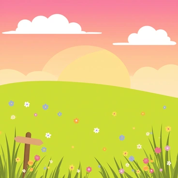 A peaceful meadow filled with vibrant green grass and scattered wildflowers in various colors. The sky above is filled with hues of orange, pink, and purple, creating a beautiful sunset. Fluffy white clouds are softly illuminated by the fading light. In the foreground, a small wooden signpost stands, and a gentle breeze causes the tall grass to sway slightly.