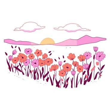 A white landscape at sunrise, with soft pastel colors illuminating the sky. In the foreground, there is a large field filled with blooming flowers in varying shades of orange and pink. The flowers sway gently in a light breeze, creating a vibrant contrast against the white backdrop. The sun's rays are casting a warm glow over the scene, highlighting the delicate petals of the flowers as they reflect the early morning light.