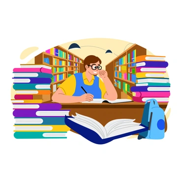 A student with short brown hair sitting at a wooden table, focused on taking notes in a notebook. The student is wearing glasses and has a blue backpack resting on the floor beside the chair. Surrounding the student, there are stacks of colorful books piled high on either side. Some of the books are open, revealing pages filled with text and diagrams. The library features tall wooden shelves filled with even more books, and the soft glow of desk lamps illuminates the scene, creating a studious atmosphere.