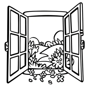 A window frame with intricate details, open to reveal a vibrant garden beyond. The garden is filled with "daisies" of varying sizes and shapes, their petals delicately arranged around the center. There are lush green leaves surrounding the "daisies," adding depth to the scene. In the background, there are scattered shrubs and a stone pathway leading deeper into the garden. A gentle breeze stirs the petals, creating a sense of movement in the composition.