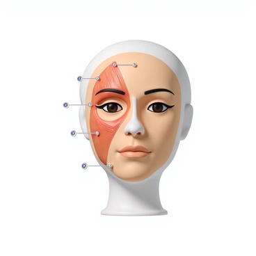 A detailed medical chart showcasing facial muscles and injection points. The chart features a clear illustration of the human face, with accurately labeled facial muscles in various colors to indicate different muscle groups. Each muscle is depicted with fine lines and shading to emphasize its structure. The injection points are marked with precise dots or crosses, each annotated with numbers corresponding to the specific injection sites for cosmetic procedures. The background is simple and unobtrusive, allowing the details of the facial muscles and injection points to stand out prominently.