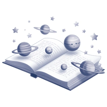 A collection of whimsical cartoon planets and stars populating the margins of a children's science book. The planets vary in size and shape, with some displaying rings and others showcasing unique textures. Each star has a playful expression, some smiling while others appear to wink. The background features a soft, open book with pages slightly turned, emphasizing the educational theme. The planets and stars are arranged in a lively manner, creating a sense of movement and energy around the text.