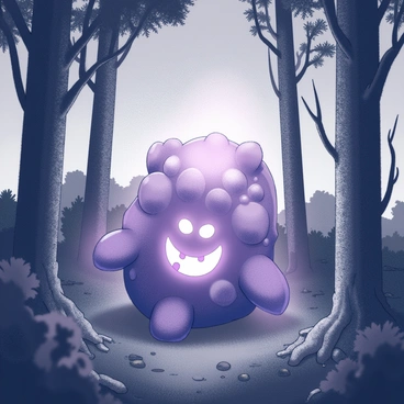 A Spiritomb, formed from a collection of faces, is situated in a dense, dark forest. The Spiritomb emits an otherworldly, luminous glow, suggesting an aura of mystical purple energy that radiates from its core. Surrounding it, tall trees with gnarled branches stretch towards the sky, their silhouettes stark against the faint illumination. The forest floor is covered in thick underbrush and moss, adding texture to the scene. Shadowy shapes and hints of distant foliage create a sense of depth and mystery in the environment.