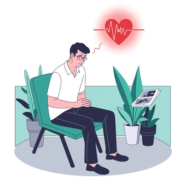 A nervous candidate with short brown hair and glasses is sitting on a teal chair in a waiting area. They are wearing a neat white shirt and dark pants, fidgeting with their hands in their lap. Their expression shows anxiety as they glance around the space, which features soft lighting and a small table with magazines nearby. Above the candidate, a glowing red heart symbol hovers, pulsing gently, representing their gut feeling about the upcoming interview. The floor is a muted gray, and there are potted plants in the corners of the waiting area.