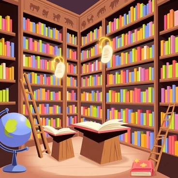 A magical library filled with tall wooden shelves overflowing with colorful books. Some books are flying off the shelves, swirling in mid-air with bright, sparkling trails. Soft light illuminates the room, highlighting glowing scrolls that float gently above the wooden tables, casting a warm glow on the surroundings. The walls are adorned with intricate carvings of mythical creatures. A large, ornate globe sits in one corner, and a set of ladders leans against the shelves, inviting exploration.