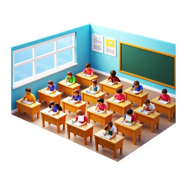 A classroom with wooden desks arranged in neat rows. Each desk is occupied by students, some writing with "quills" while others engage with "digital tablets". The walls of the classroom are adorned with educational posters and a large blackboard at the front displays written lessons. Natural light streams in through large windows, illuminating the diverse group of students focused on their tasks.