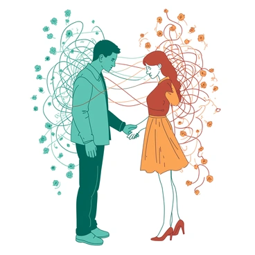 A duotone illustration features two figures standing on opposite sides of the image, each surrounded by intricate threads interwoven between them. One figure is depicted in shades of teal, with an expression of longing, while the other is presented in contrasting shades of orange, displaying a sense of yearning. The threads connecting them are delicately woven, creating a visual representation of tension and intimacy. The background is filled with abstract patterns that enhance the sense of complexity in their connection.