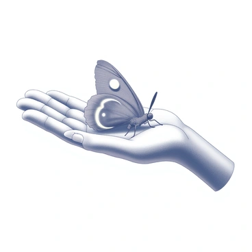 A gentle hand is extended, palm up, with fingers slightly curled, creating a resting place. A large luna moth rests delicately on the hand, its wings spread wide, showcasing the characteristic two crescent moon-shaped markings near the edges. The texture of the moth's wings appears soft and velvety, contrasting with the smooth skin of the hand. The background is simple and unobtrusive, allowing the focus to remain on the peaceful interaction between the hand and the luna moth.