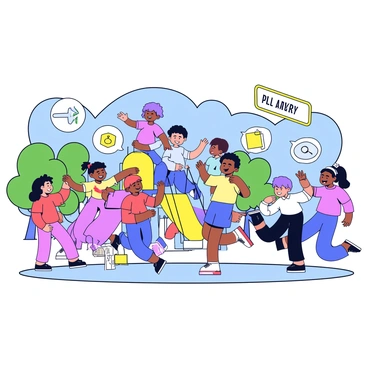 A vibrant playground filled with children of diverse backgrounds playing together. There are swings, a slide, and climbing structures made of colorful materials. Safety signs are prominently displayed around the playground, featuring clear graphics that promote protection plans. The background includes trees and a clear blue sky, creating a cheerful atmosphere. The children are happily engaged in various activities, such as swinging, sliding, and playing tag, while smiling and interacting with each other.