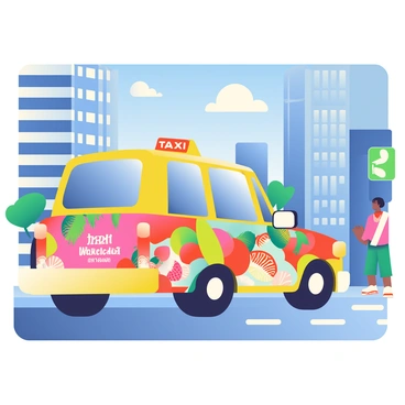 A taxi with large, colorful advertisements wrapped around it driving through the city