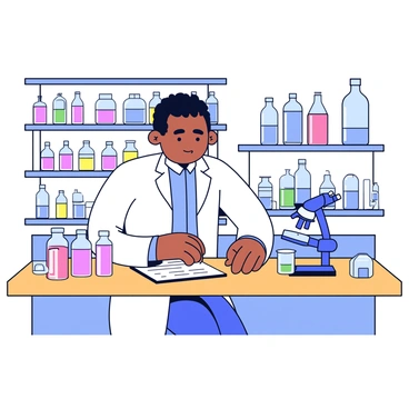 A man in a white lab coat, representing "Louis Pasteur," is focused on his work at a wooden laboratory table. The table is cluttered with several glass bottles of varying sizes, some containing colorful liquids, and a few microscopes are positioned nearby. Behind him, the walls are lined with shelves filled with more glass containers and lab equipment. The room is illuminated by soft light, casting gentle shadows on the surfaces.