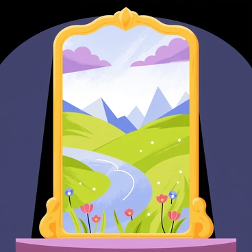 A large ornate mirror with a golden frame stands in a dimly lit room. The reflective surface of the mirror shows a vibrant and colorful landscape that appears to stretch endlessly into a fantastical world. Swirling clouds in shades of purple and blue float above lush green hills dotted with bright flowers. A shimmering river winds through the scene, leading to distant mountains under a sparkling sky. The edges of the mirror seem to blur, creating the illusion of an infinite space beyond.