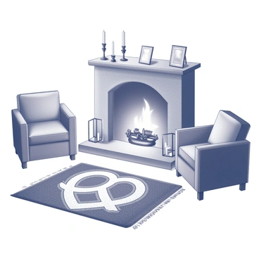 A woven rug featuring a large "Claddagh" design is positioned in front of a cozy fireplace. The rug has intricate patterns emphasizing the heart, hands, and crown elements of the Claddagh symbol. The fireplace is made of stone, with a warm glow emanating from the flames. Above the fireplace, there is a mantel adorned with simple decorations, such as candles and small framed pictures. The surrounding area has a few plush chairs and a small coffee table, completing the inviting atmosphere.