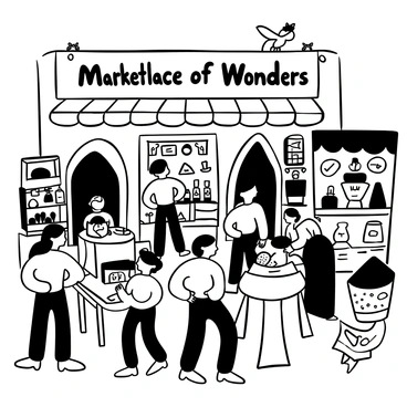 A black-and-white illustration of a bustling marketplace filled with unique stalls. Shoppers are browsing various unusual items displayed on wooden tables, such as ornate trinkets and strange artifacts. Among the stalls, there are magical creatures, including a small dragon perched on a shelf and an ethereal fairy fluttering near a jar filled with sparkling dust. The scene is lively, with people interacting and examining the fascinating items around them. A large banner reading "Marketplace of Wonders" hangs above the crowd.