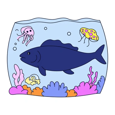 A coelacanth with a textured dark blue body, showcasing its distinctive lobed fins, swims gracefully through clear water. Surrounding the coelacanth are various legendary sea creatures, including a large, colorful octopus with long, flowing tentacles and a glowing jellyfish with a translucent dome. Bright coral formations in shades of pink and orange decorate the ocean floor, while bubbles rise to the surface, creating a lively underwater atmosphere.