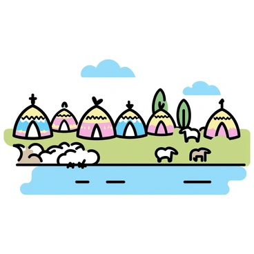 A series of colorful nomadic tents, with patterns in hues of red and blue, are set up on the grassy banks of the Euphrates River. The tents are rounded in shape, showcasing traditional stitching designs. Nearby, a herd of sheep is grazing peacefully, their woolly coats varying in shades of white and brown. The river flows gently, reflecting the clear blue sky above, and a few trees can be seen in the background, adding to the natural landscape. The scene captures a sense of harmony between the tents and the grazing sheep.