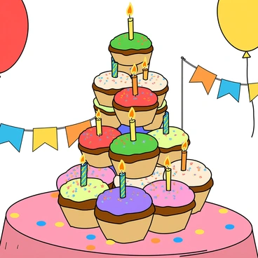 A tower of colorful cupcakes with sprinkles and candles on a festive birthday table