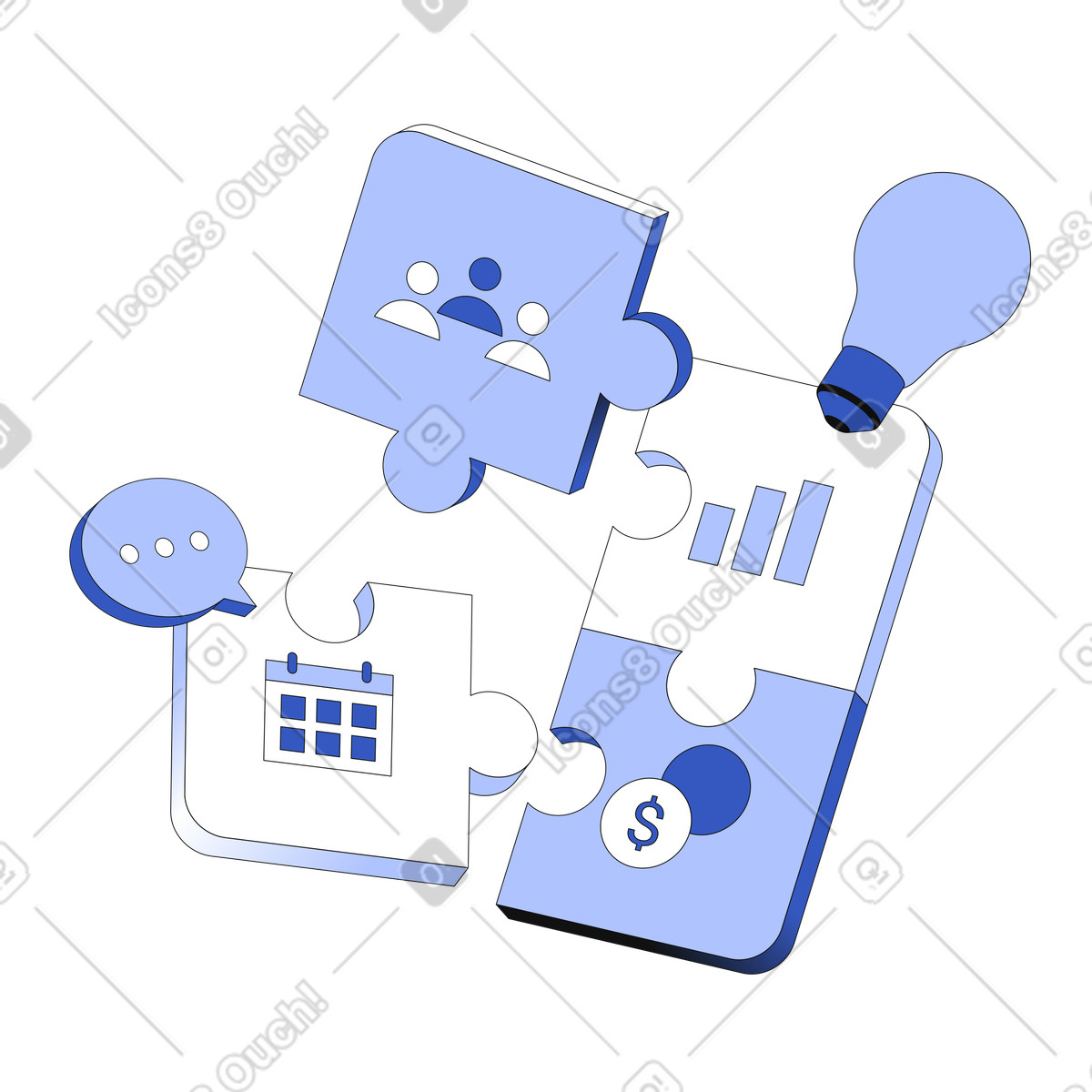Project management, team work and idea generation animated illustration in GIF, Lottie (JSON), AE