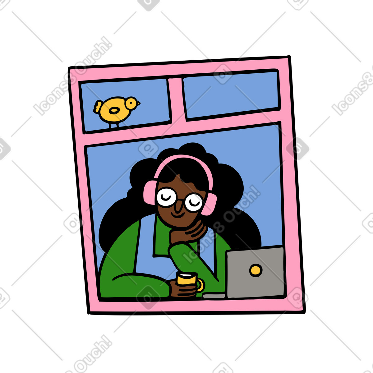 Musik hören, während man mit einer tasse und einem laptop am fenster sitzt-Illustration im Comic-Stil als Download in PNG, SVG