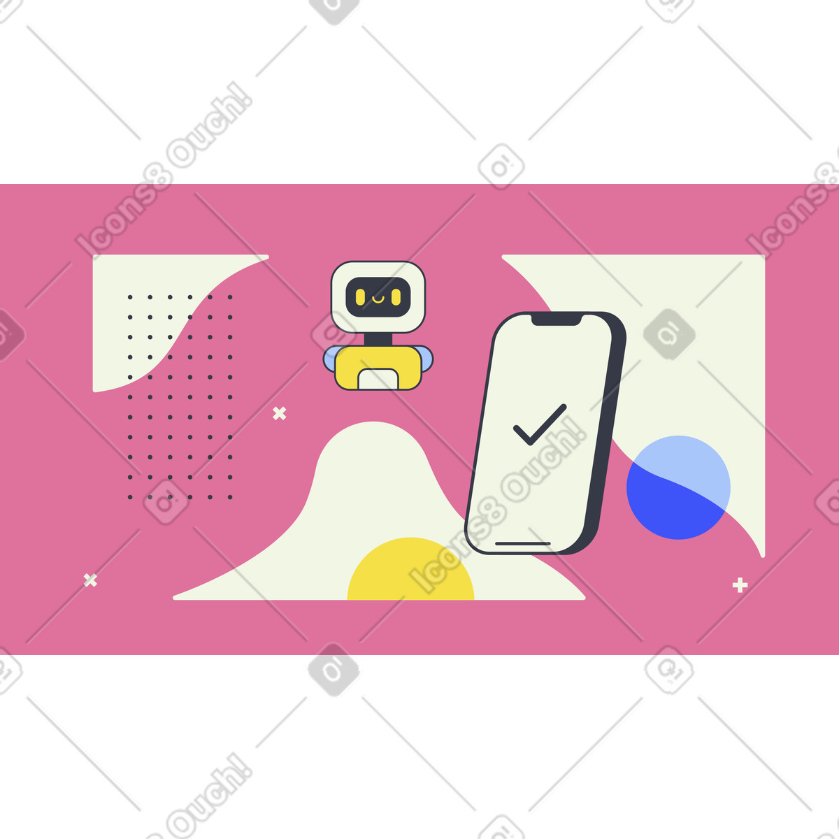 Small robot and smartphone with check mark, AI automation and task completion illustration in Abstract style download in PNG, SVG