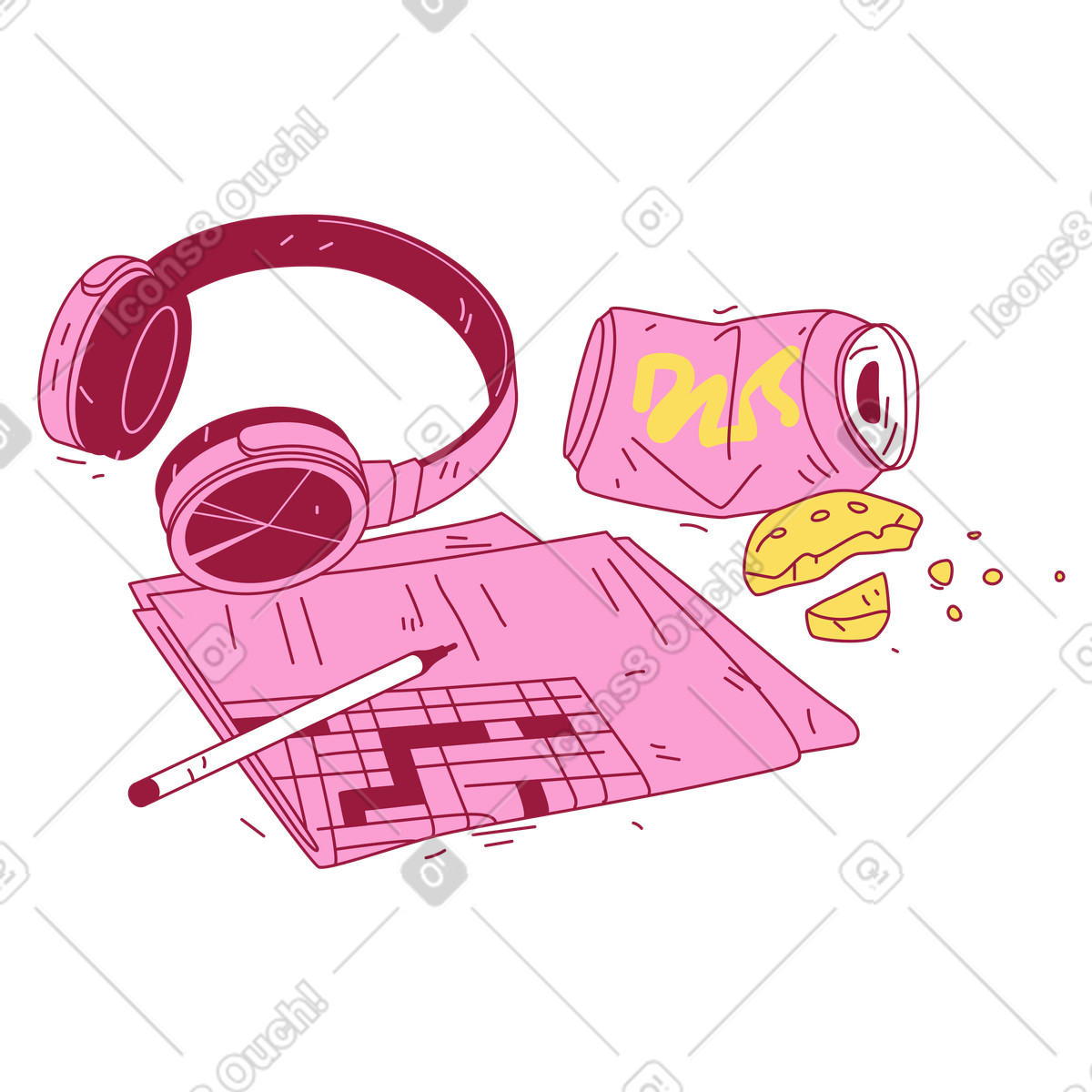 Cruciverba, cuffie e una lattina accartocciata illustrazione in stile Storyline scarica in PNG, SVG