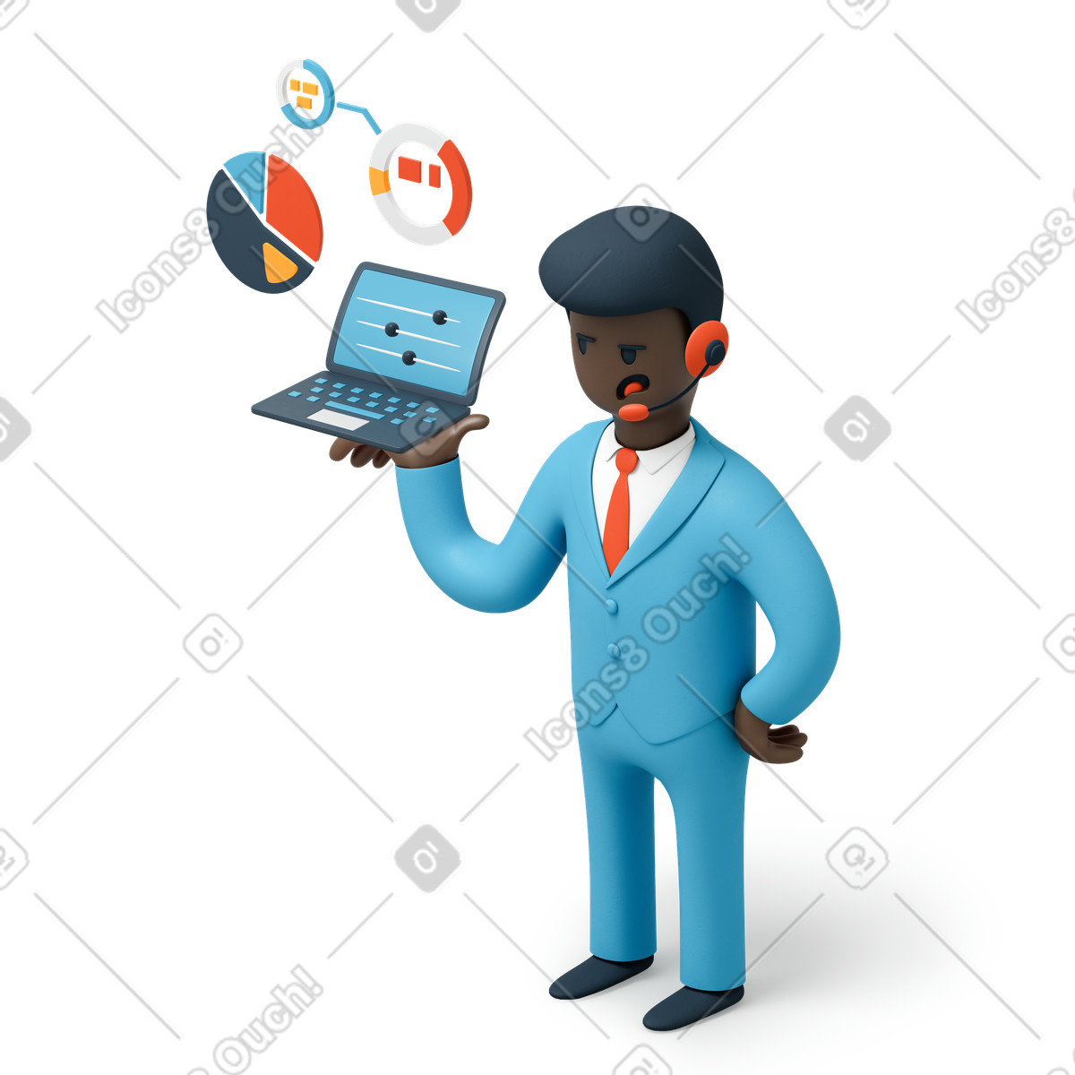 Geschäftsmann hält einen laptop mit geschäftsstatistiken auf dem bildschirm-Illustration im 3D Flame-Stil als Download in PNG, SVG