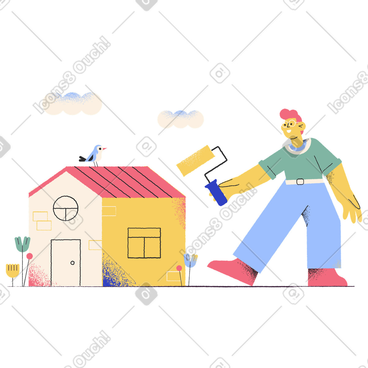 Male painter with roller brush illustration house clipart graphics in PNG SVG