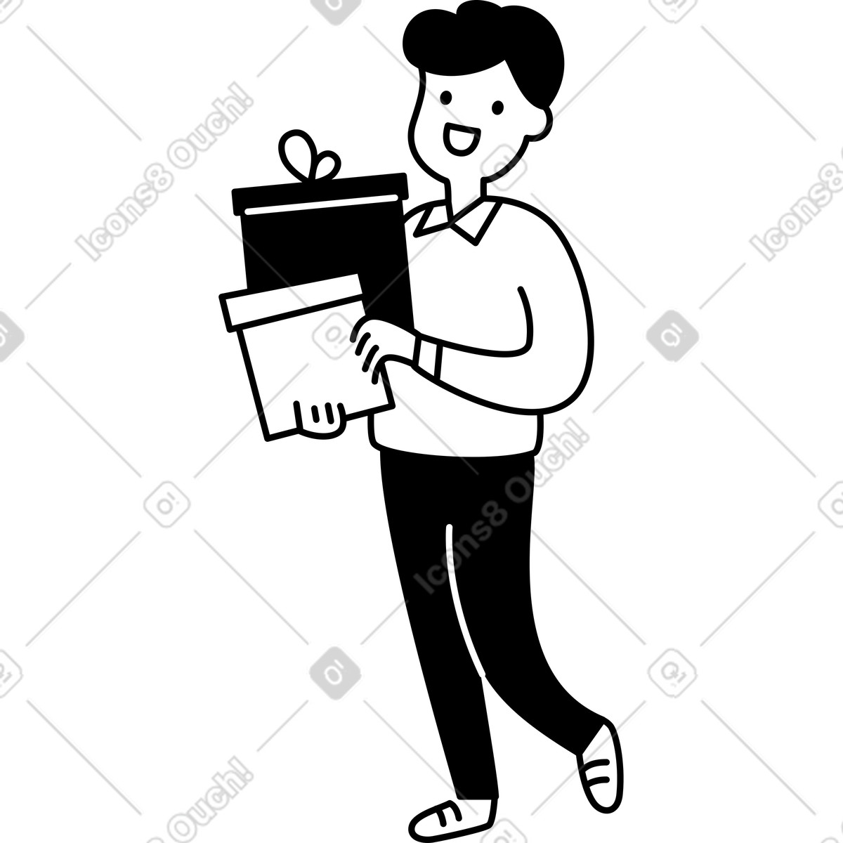 Иллюстрация Gift box carried by smiling character walking with joyful expression в стиле Notion Line Art — скачать в форматах PNG, SVG