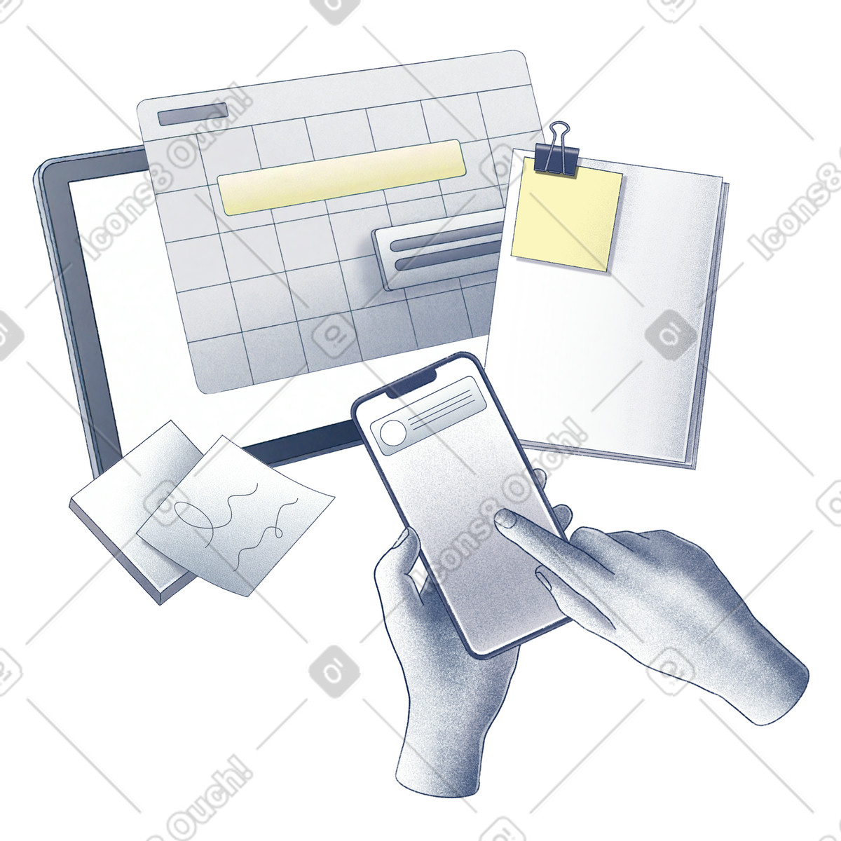 Иллюстрация Modern workspace with digital tablet, sticky notes and smartphone, Task management scheduling в стиле Haze — скачать в форматах PNG, SVG