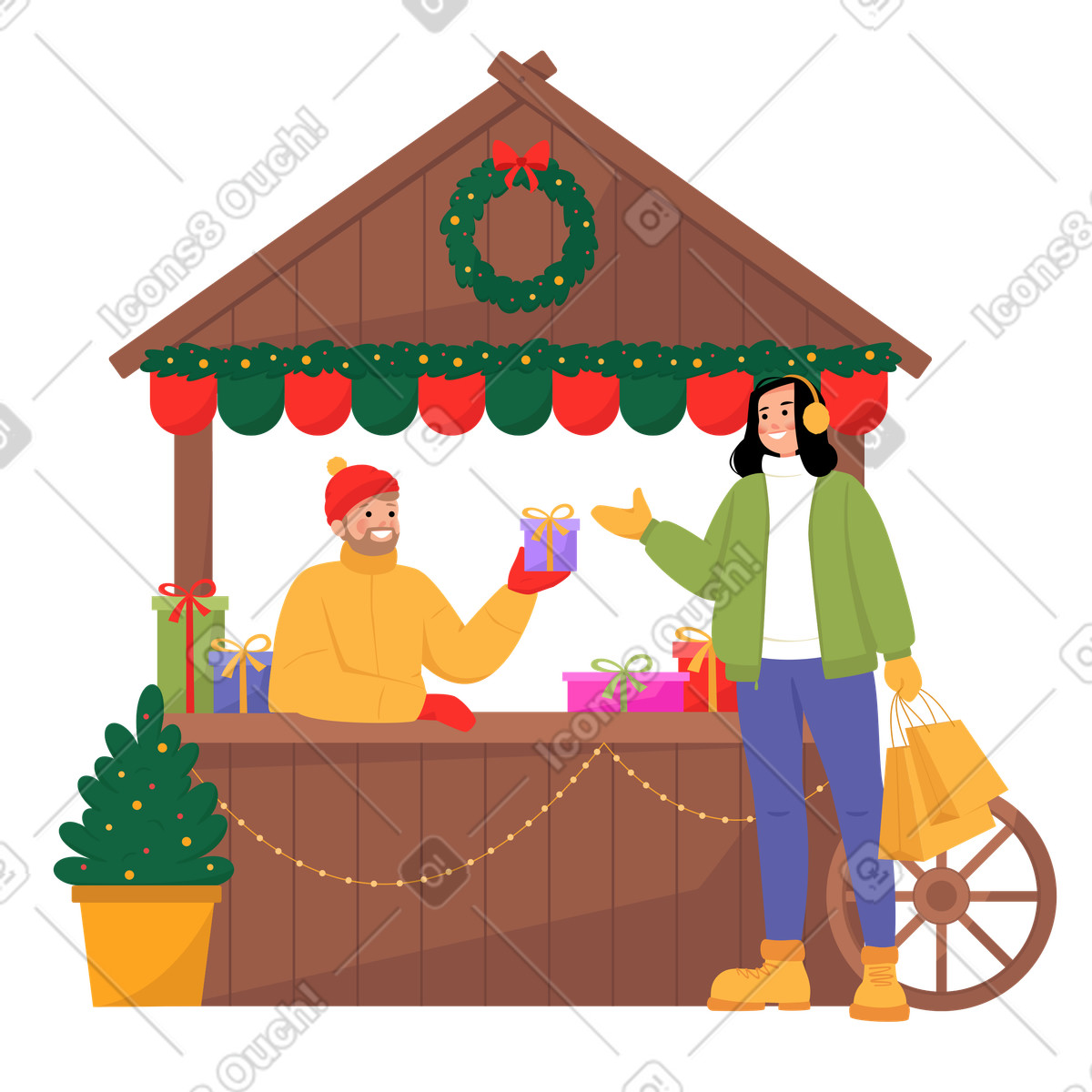 Girl buys a gift at Christmas market illustration in Lagom style download in PNG, SVG