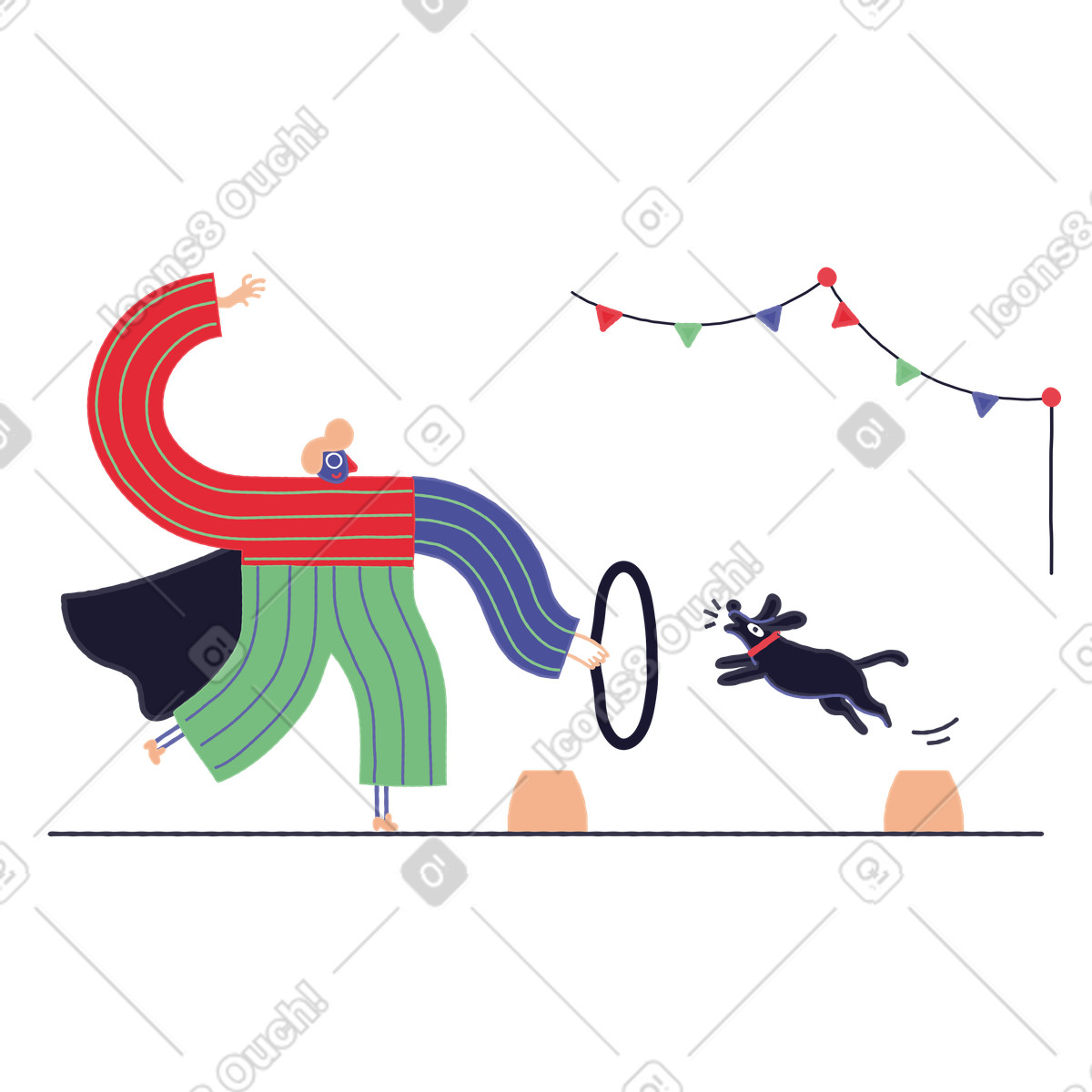 Spettacolo circense con il cane che salta nel cerchio illustrazione in stile Stripy scarica in PNG, SVG
