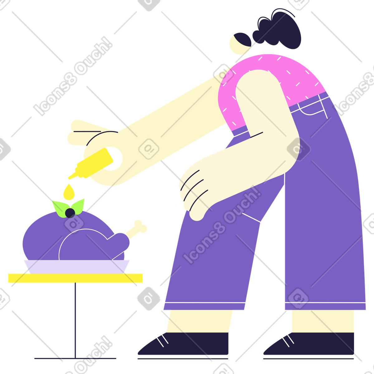 Basting Thanksgiving turkey, Dinner preparation or festive cooking illustration in Mellow style download in PNG, SVG