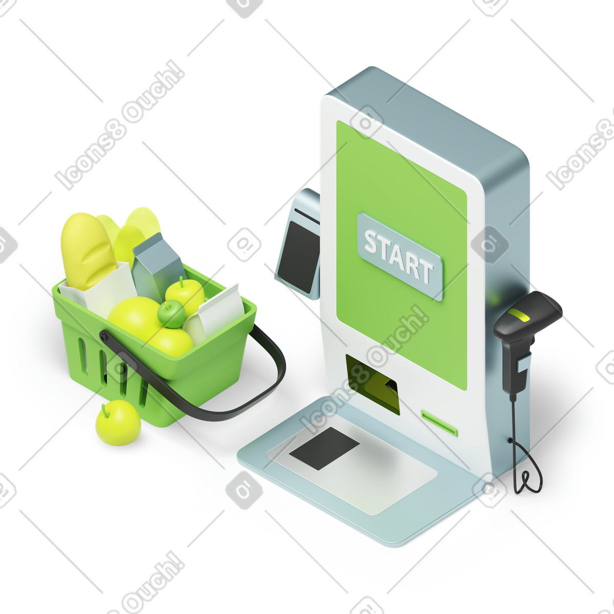 Buying groceries at the self service checkout illustration in 3D Isometric style download in PNG, SVG