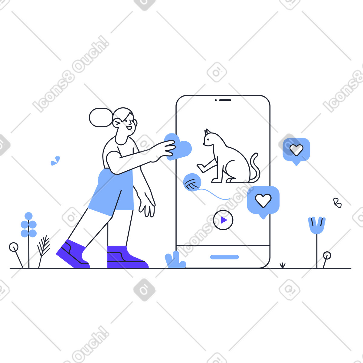 Mädchen mag das katzenvideo-Illustration im Pablita-Stil als Download in PNG, SVG