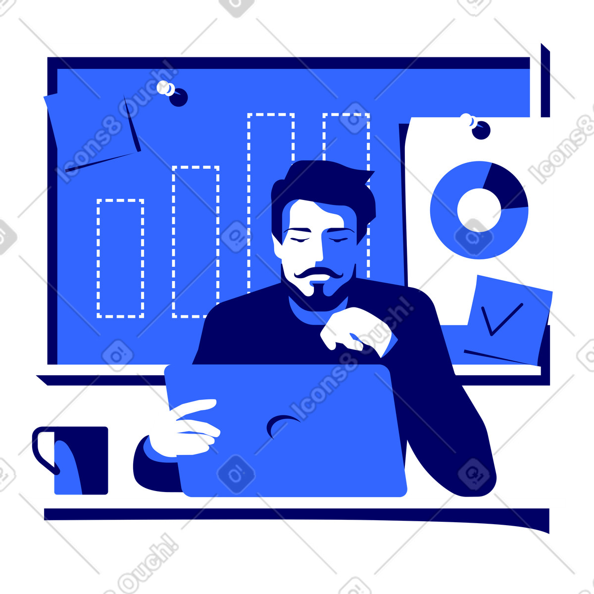 Marketer maschio che lavora su laptop con scheda di analisi in background illustrazione stile Lounge scarica PNG, SVG