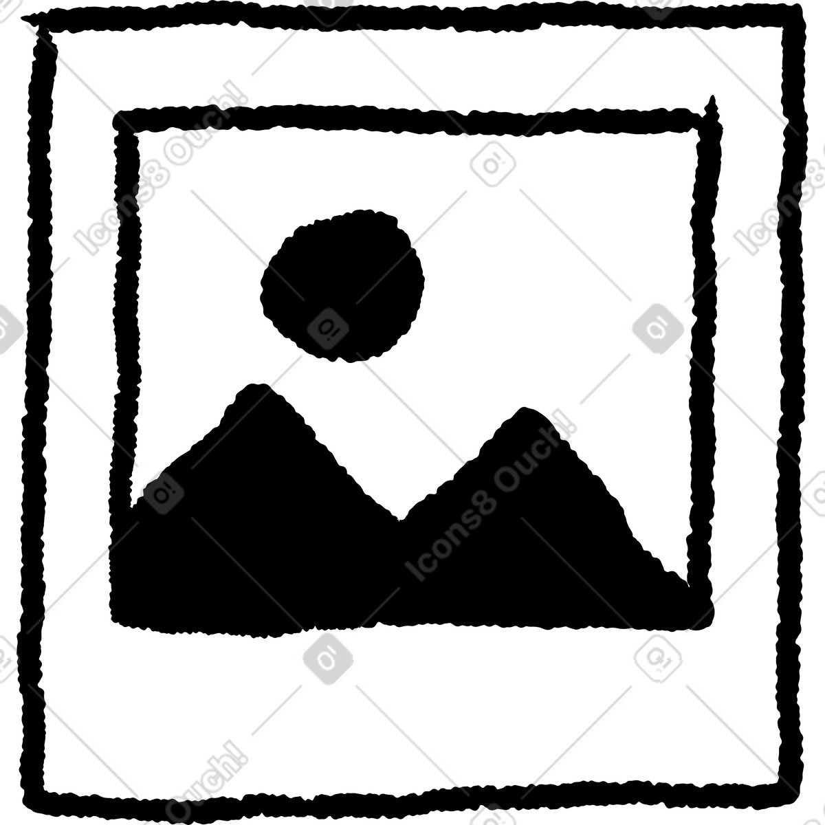 Illustration Photo placeholder frame with mountains and sun hand drawn outline dans le style Black Chalk à télécharger aux formats PNG, SVG