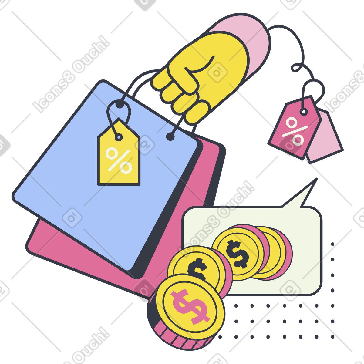 Shopping bags with coins and percent tags, Retail discount cashback marketing illustration in Abstract style download in PNG, SVG