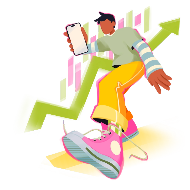 A person skateboarding while holding a smartphone - Dynamic style illustration