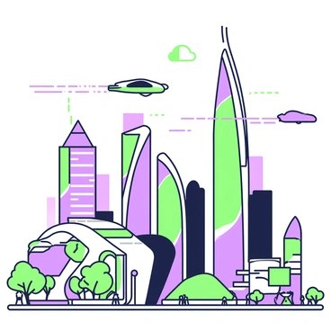 A futuristic cityscape under a clear sky, showcasing towering skyscrapers with sleek designs and reflective surfaces. The buildings vary in height and shape, with some featuring curved edges and green terraces. Flying cars zip through the air among the skyscrapers, leaving trails behind them as they navigate the busy skyline. Below, the ground is bustling with activity, where pedestrians walk along wide sidewalks and digital billboards display vibrant advertisements. The entire scene is illuminated by ambient light from the buildings and vehicles, creating a lively atmosphere.