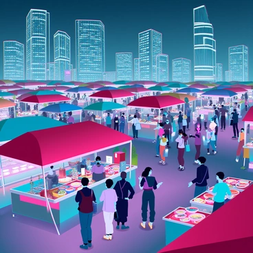 A panoramic view of a crowded night market from an elevated perspective. The market is bustling with people of various ages, some carrying bags filled with goods while others are engaged in lively conversations. Colorful stalls line the streets, adorned with vibrant lights and neon signs, showcasing a variety of foods and handmade crafts. A sea of umbrellas in different colors creates a patchwork over the market area. You can see food vendors grilling skewers of meat, while others prepare steaming bowls of noodles. In the background, the skyline is dotted with modern skyscrapers, their windows aglow with lights, contrasting against the warm atmosphere of the market below.
