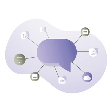 Tools like a chat bubble and shared document icons connected in the cloud