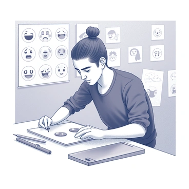 A designer is seated at a workspace filled with tools and materials. The designer is sketching various emojis on a notepad. Each emoji showcases different expressive features such as wide smiles, frowns, and winks. Tools like colored pens and a digital tablet are scattered around the desk. The designer's focused expression reflects creativity and concentration as they refine each emoji design. The background holds inspiration boards with different facial expressions and emoji concepts.