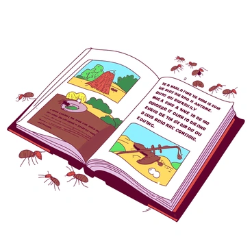 An open book lies on a wooden table, showcasing pages filled with colorful illustrations of ants in various environments. The left page features a detailed illustration of an ant colony, with worker ants carrying food and larvae. The right page displays historical information about ants, with text highlighted in vivid colors. Scattered around the book are small, realistic ant figures, enhancing the theme of ant history. The lighting casts soft shadows across the pages, emphasizing the intricate details of the illustrations and text.