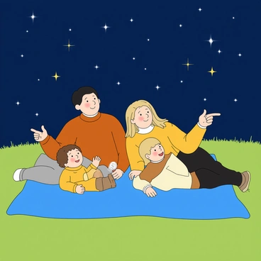 A family of four lying on a large blue blanket spread out on a grassy field under a starry night sky. The parents, a father with short black hair and a mother with long blonde hair, are both wearing cozy sweaters. The father is pointing up at the sky with one hand, while the mother leans closer to him, smiling. Two children, a boy with curly brown hair and a girl with straight blonde hair, are lying beside them. The boy has a look of wonder on his face as he points to a cluster of stars, while the girl is looking up with wide eyes. The stars are bright and twinkling, illuminating their faces and the surrounding grass, creating a magical atmosphere.