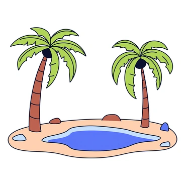 A desert oasis featuring several tall palm trees with lush green fronds swaying gently in the breeze. In the center of the oasis is a small, clear pool of water reflecting the bright blue sky above. Surrounding the pool are patches of soft sand that contrast with the greenery of the palm trees. A few rocks are scattered near the edge of the water, adding natural texture to the scene.