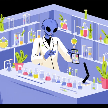 An alien scientist with blue skin and large black eyes is conducting experiments in a high-tech laboratory. The laboratory features sleek metallic surfaces and glowing panels filled with colorful lights. A series of glass beakers filled with colorful liquids bubble on a lab bench. The alien is using a futuristic device with various buttons to analyze data on a holographic screen in front of them. Multiple robotic arms are assisting by holding different instruments and conducting tests. Various alien plants and specimens are displayed in transparent containers around the lab.