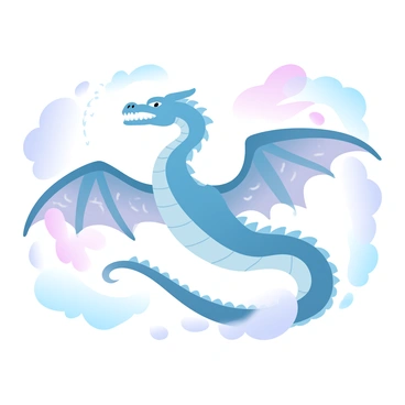 A majestic dragon is soaring through a vibrant sky filled with gradient pastel colors. Its large wings are spread wide, displaying a fiery pattern that resembles flames. The dragon's body is sleek and powerful, with shimmering scales reflecting the soft hues of the sky. Wisps of smoke trail behind as it moves gracefully through the air, leaving a striking silhouette against the colorful backdrop. Fluffy clouds can be seen surrounding the dragon, adding depth to the scene.