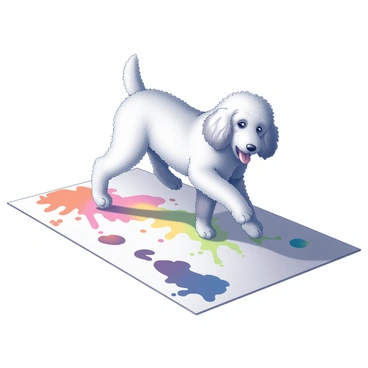 A goldendoodle with a fluffy coat is playfully interacting with splashes of paint. Its paws are dipped in vibrant colors, leaving a trail of colorful paw prints on a large sheet of paper spread out on the ground. The dog's fur shows traces of paint, highlighting its playful activity. The scene captures the dog's joyful expression as it moves across the canvas, contributing to a lively work of art.