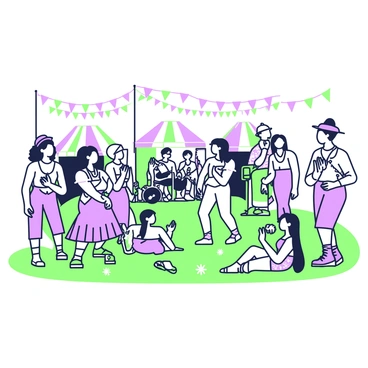 A vibrant festival scene with attendees wearing eclectic, bohemian fashion
